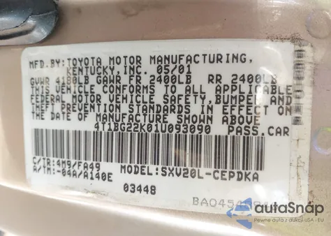 2001 Toyota Camry Ce из США, поврежденный, VIN 4T1BG22K01U093090